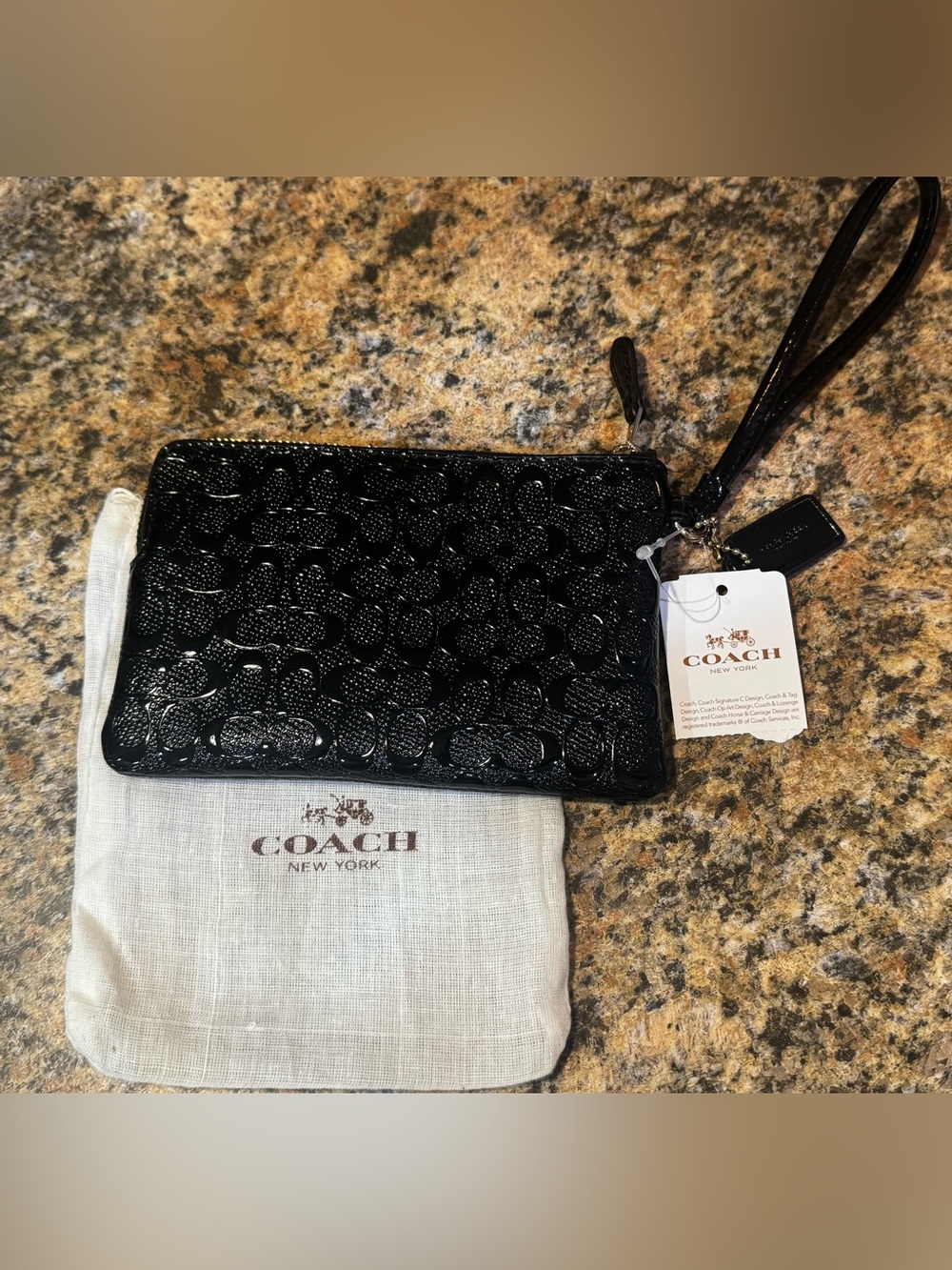 NEW COACH Signature Black Debossed Patent Leather Corner Zip Wristlet Dust Bag